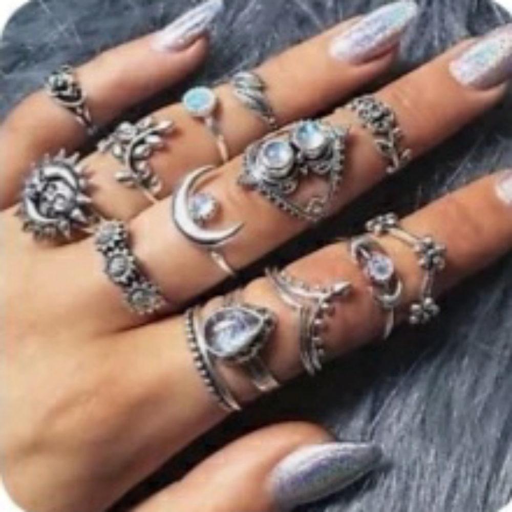 Cute Boho Moon & Star Midi Finger 14pc Set Rings